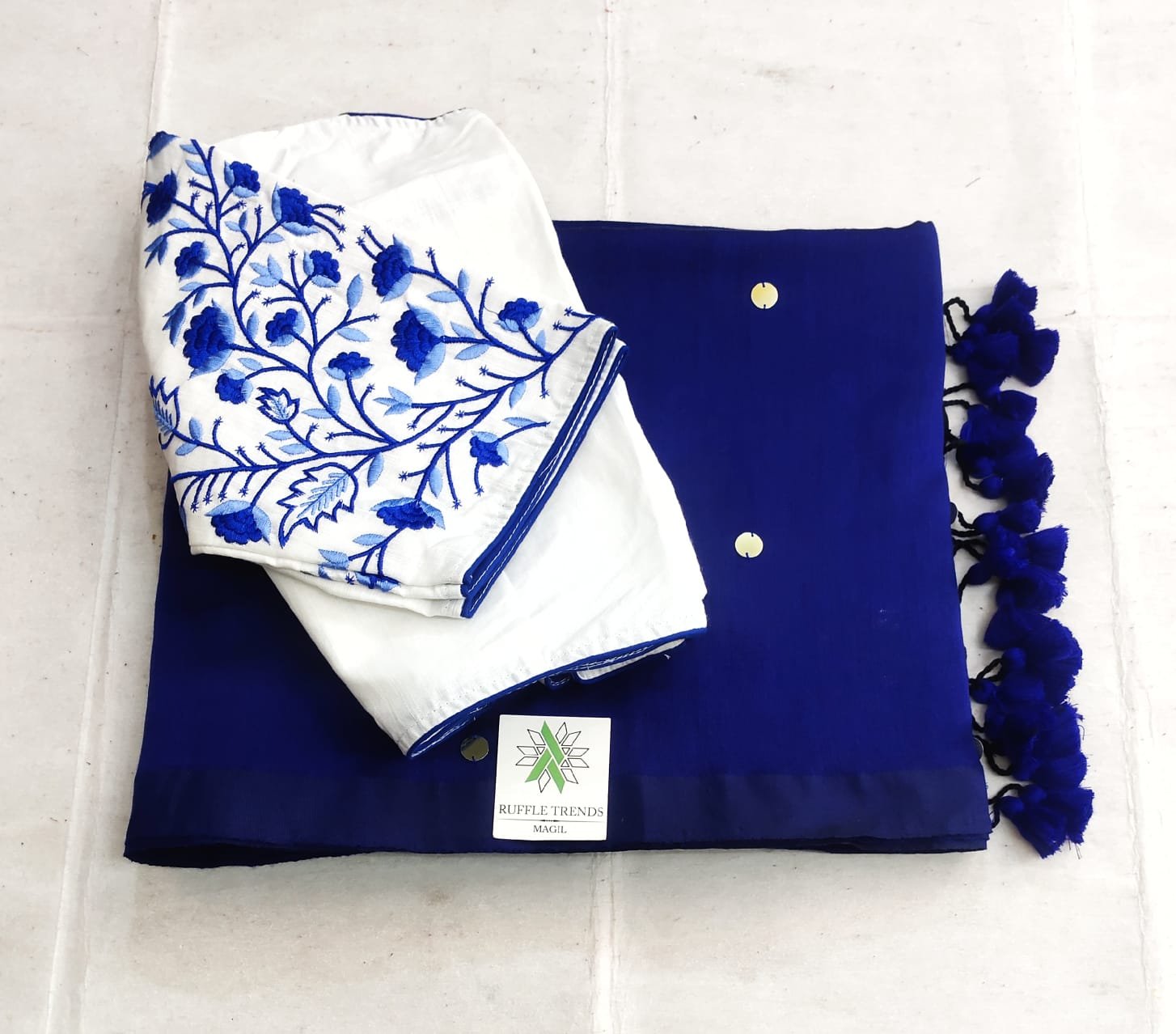 Diva Mirror Khadi With Ready Wear Blouse(royal Blue,white)