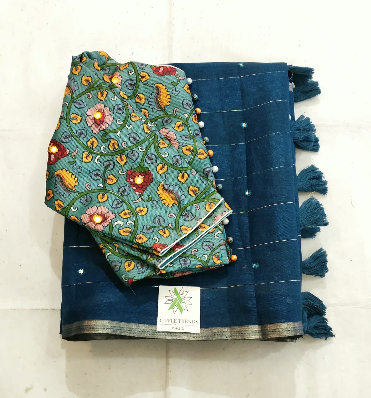 Madhuram Magil Linen Combo ( teal blue )